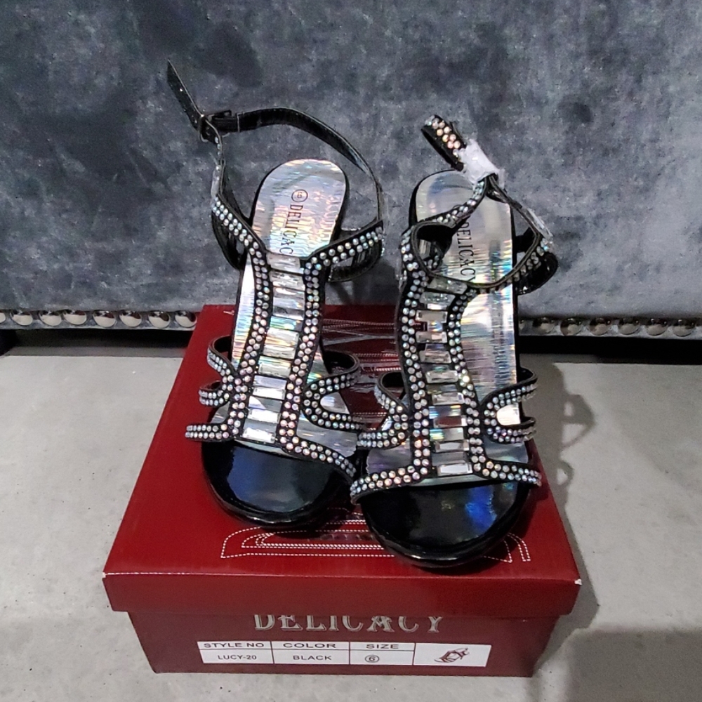 Black Strappy Heels with Stones & Hologram Insole - Picture 3 of 7